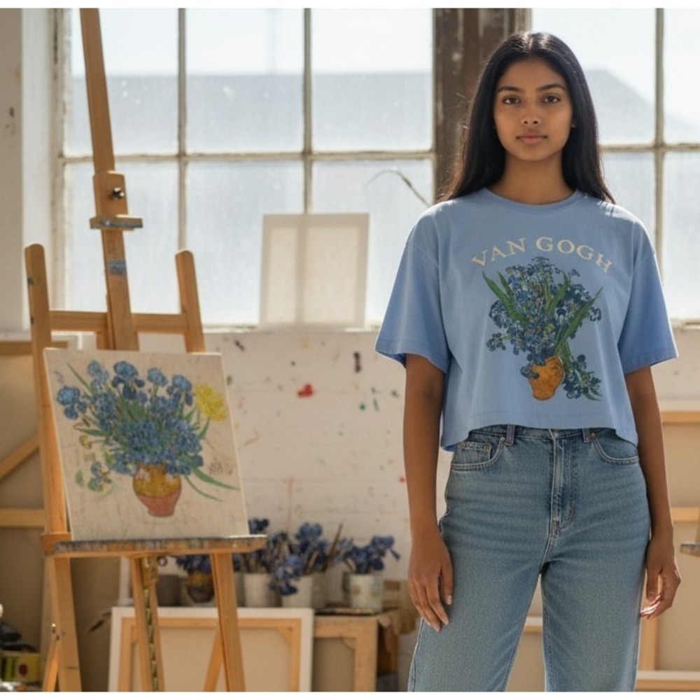 Van Gogh Flowers Graphic T-Shirt Blue Size X Large Relaxed Fit Short Sleeve